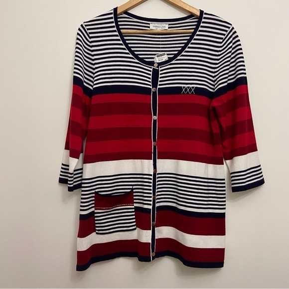 MARIE-CLAIRE nautical cardigan navy blue white striped red knit Large coastal - Picture 13 of 13